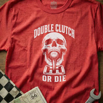 Red t-shirt with white skull and "Double Clutch or Die" text.