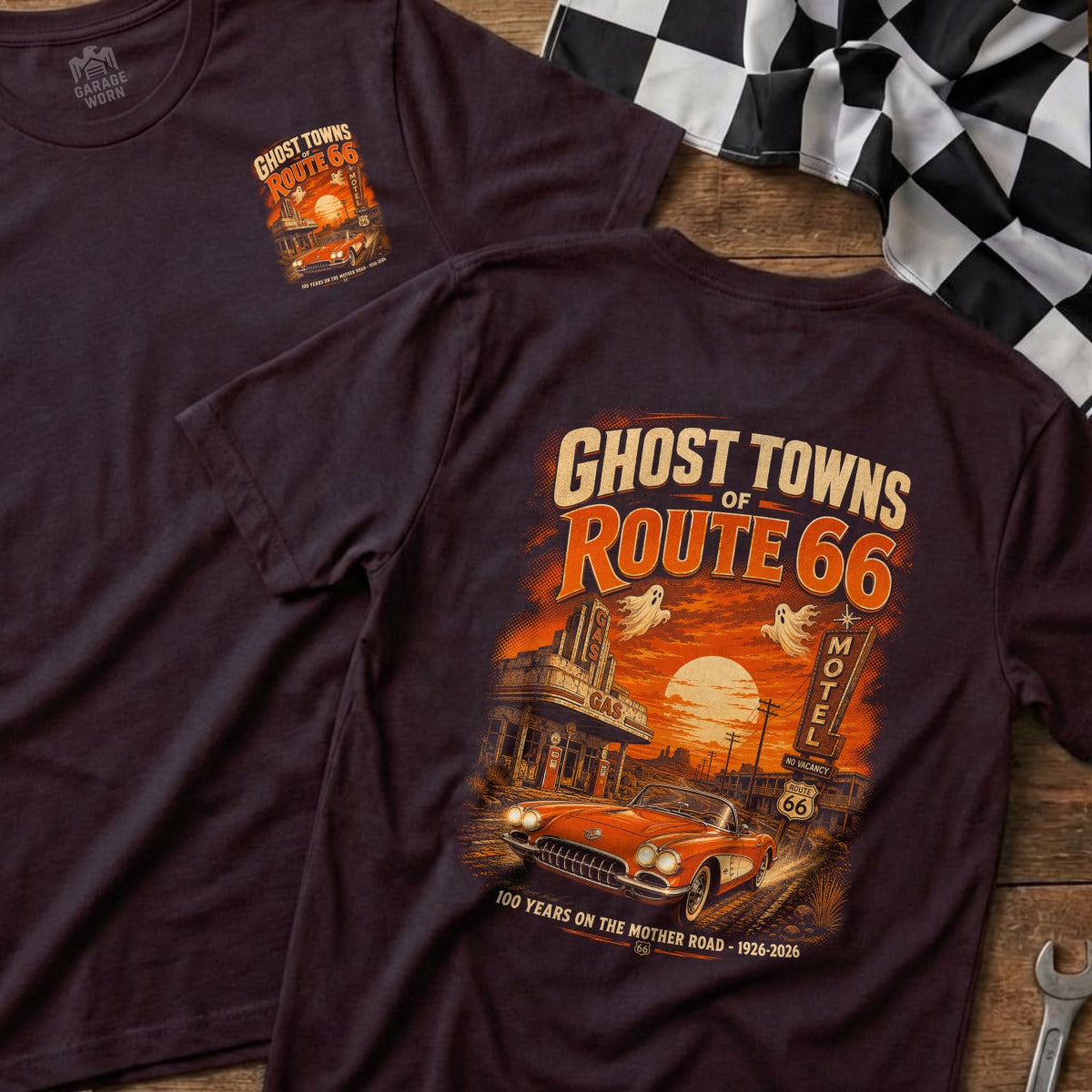 Dark t-shirt with "Ghost Towns of Route 66" graphic, vintage car, and motel.