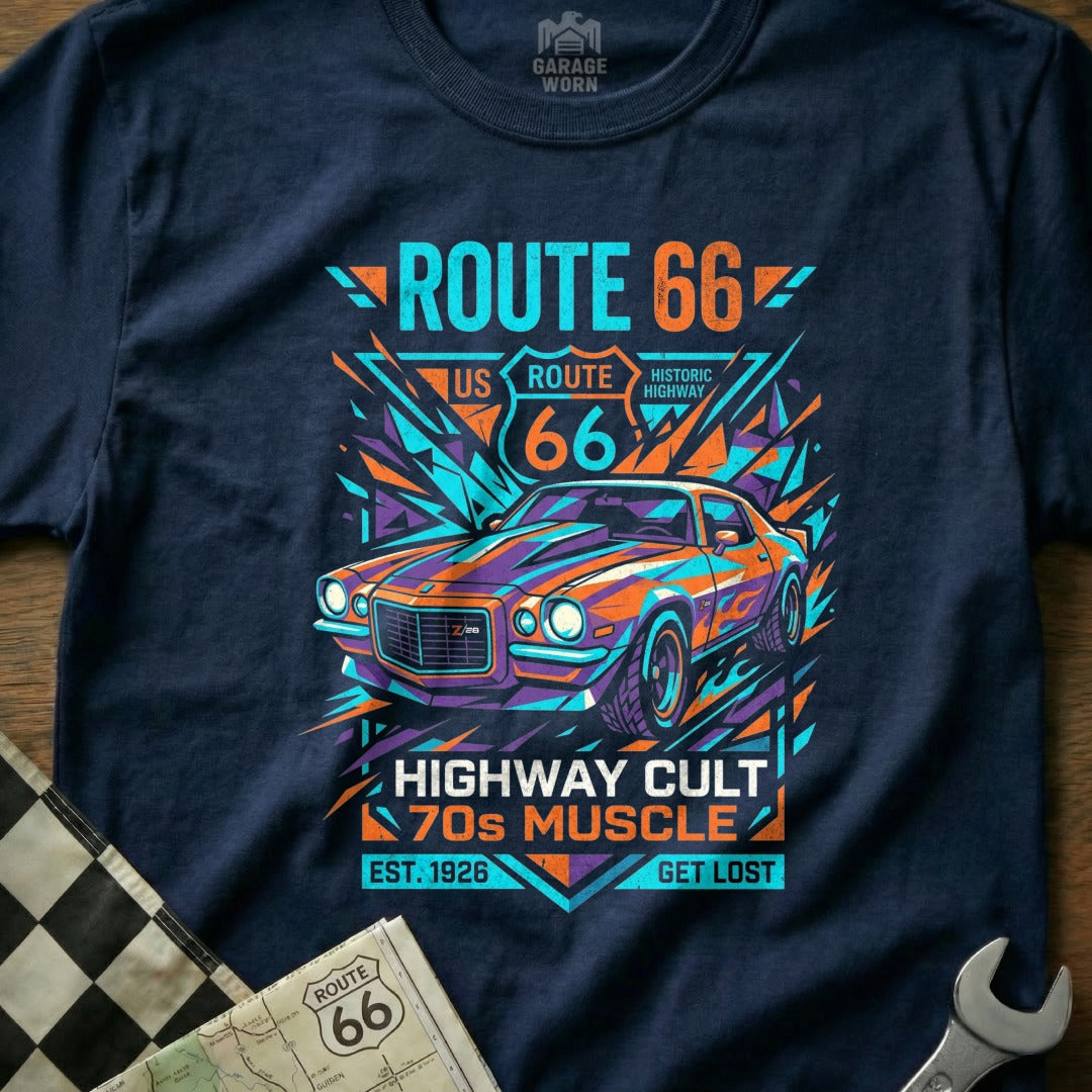 Navy t-shirt with Route 66 70s muscle car graphic and text.