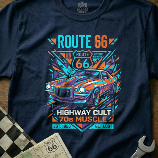 Navy t-shirt with Route 66 70s muscle car graphic and text.