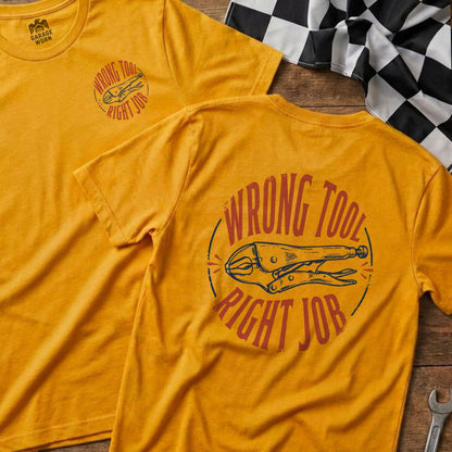 Orange t-shirts with "Wrong Tool, Right Job" and a graphic of pliers.