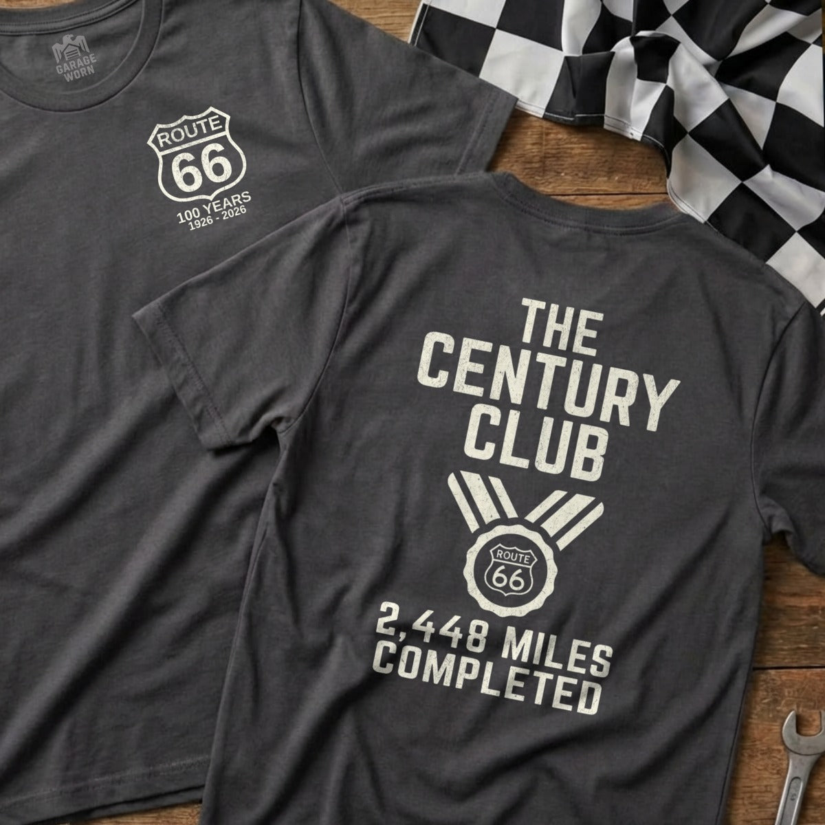 Dark grey t-shirt with Route 66 100 Years design and "The Century Club" text.