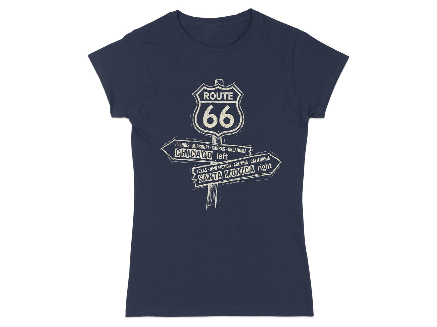 Dark t-shirt with Route 66 signpost pointing left to Chicago and right to Santa Monica.