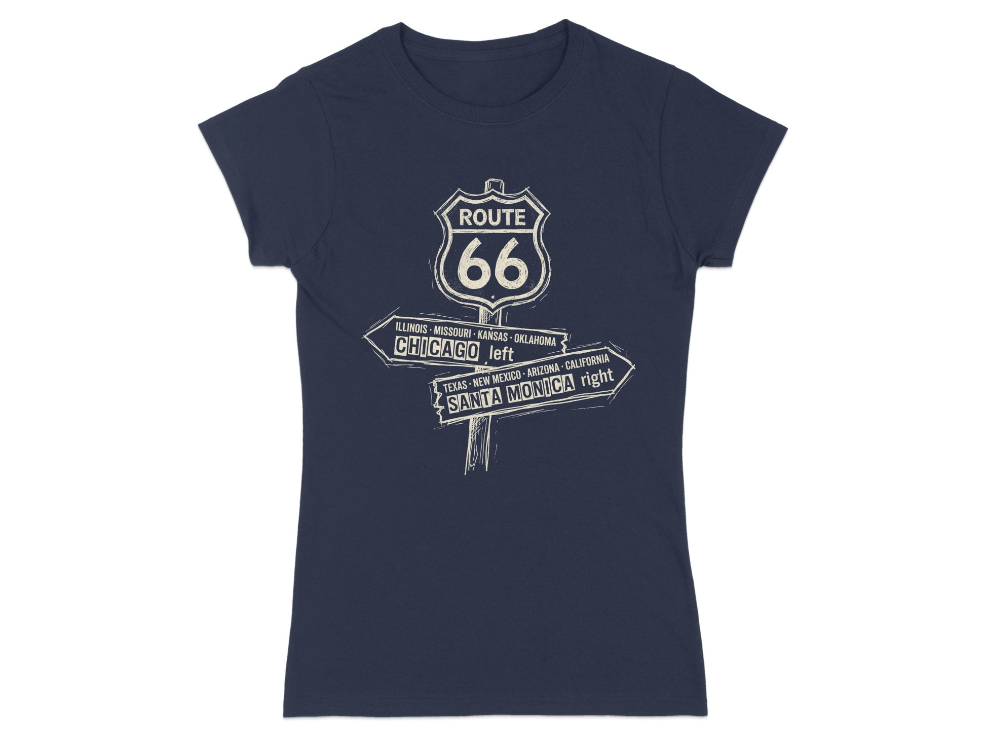 Dark t-shirt with Route 66 signpost pointing left to Chicago and right to Santa Monica.