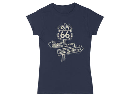 Dark t-shirt with Route 66 signpost pointing left to Chicago and right to Santa Monica.