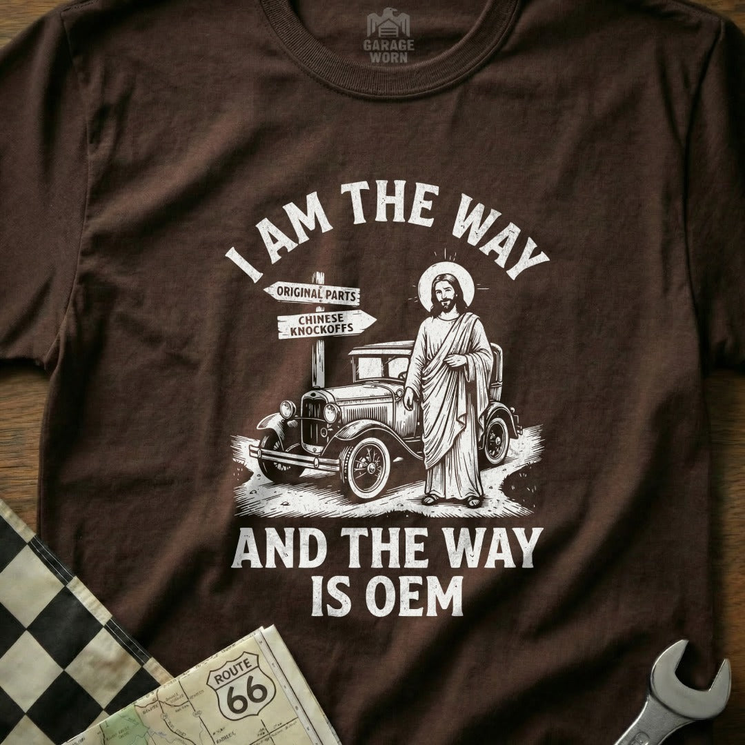 Shirt with Jesus and car, reading "I am the way" and "OEM".