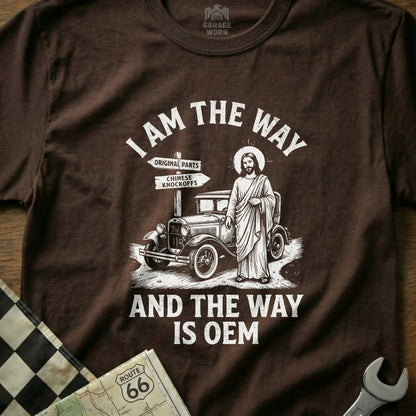 Shirt with Jesus and car, reading "I am the way" and "OEM".