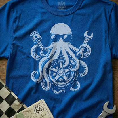 Octopus with Tools Cool Graphic Blue T-Shirt