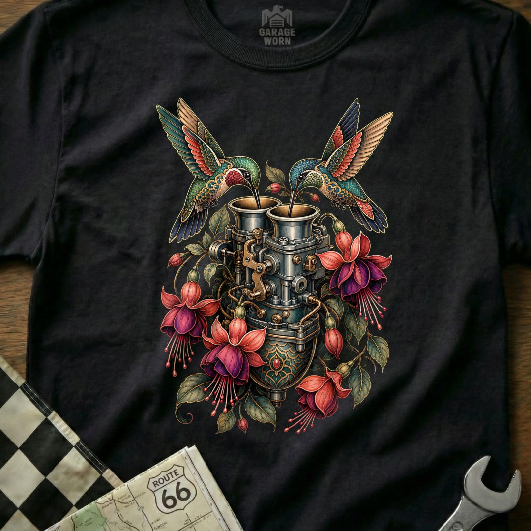 Two hummingbirds feed from a carburetor surrounded by fuchsia flowers on a dark t-shirt.