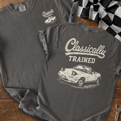 Dark grey t-shirt with "Classically TRAINED" and a drawn classic sports car.