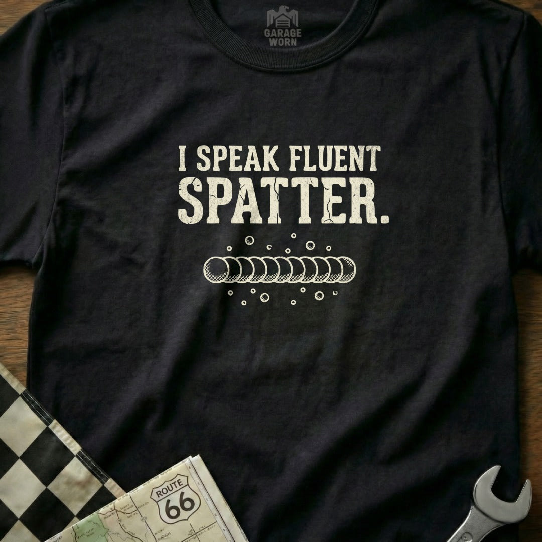 Black t-shirt with white text "I speak fluent splatter" and welded beads.
