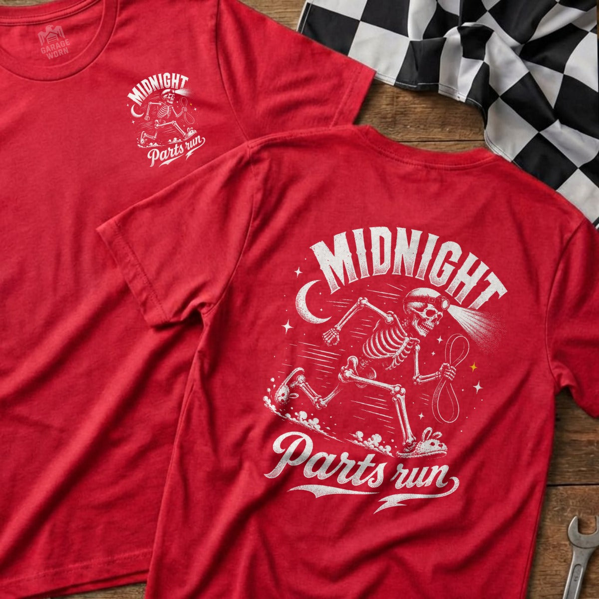 Red t-shirt with skeleton graphic and "Midnight Parts run" text.