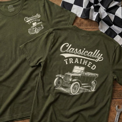 Olive green shirts with "Classically Trained" and a vintage car graphic.