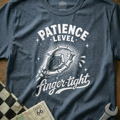 Skeleton hand tightens a bolt with text "Patience Level: Finger Tight".