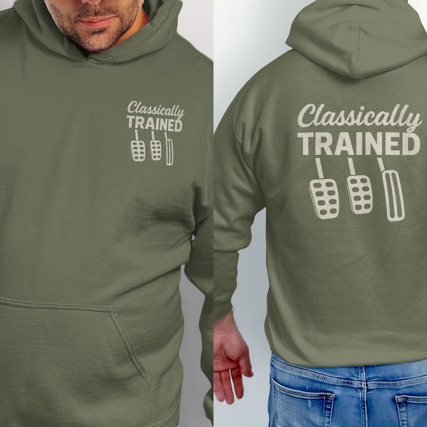 Olive green hoodie with "Classically TRAINED" and three pedals graphic.
