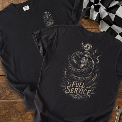 Dark gray t-shirt with snake wrapped around gas pump graphic and "Full Service" text.