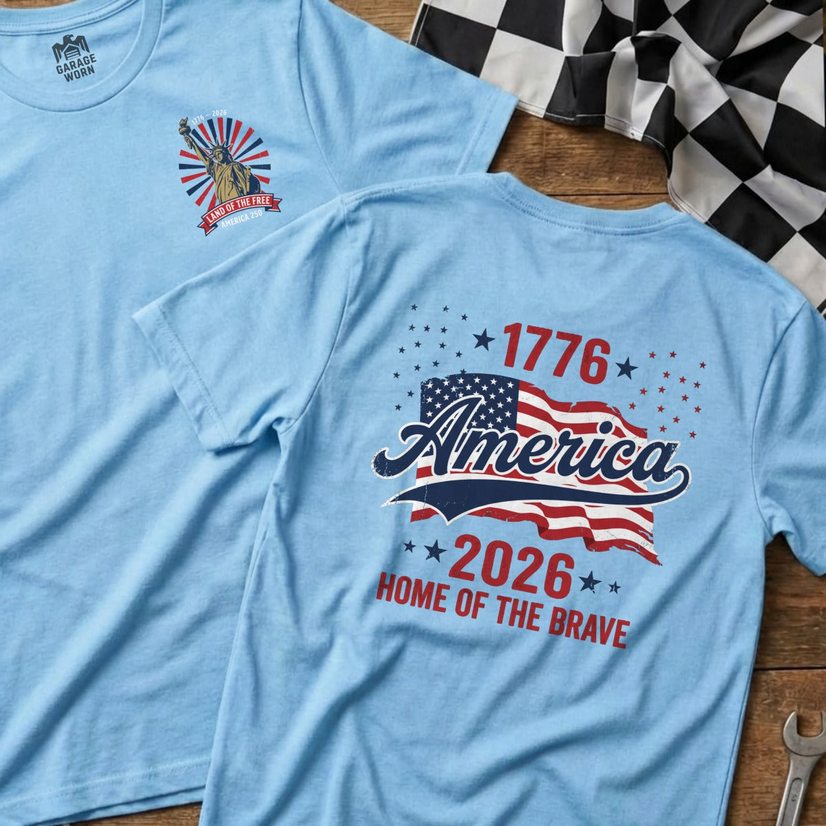 Light blue t-shirts with patriotic graphics celebrating America's 250th anniversary.