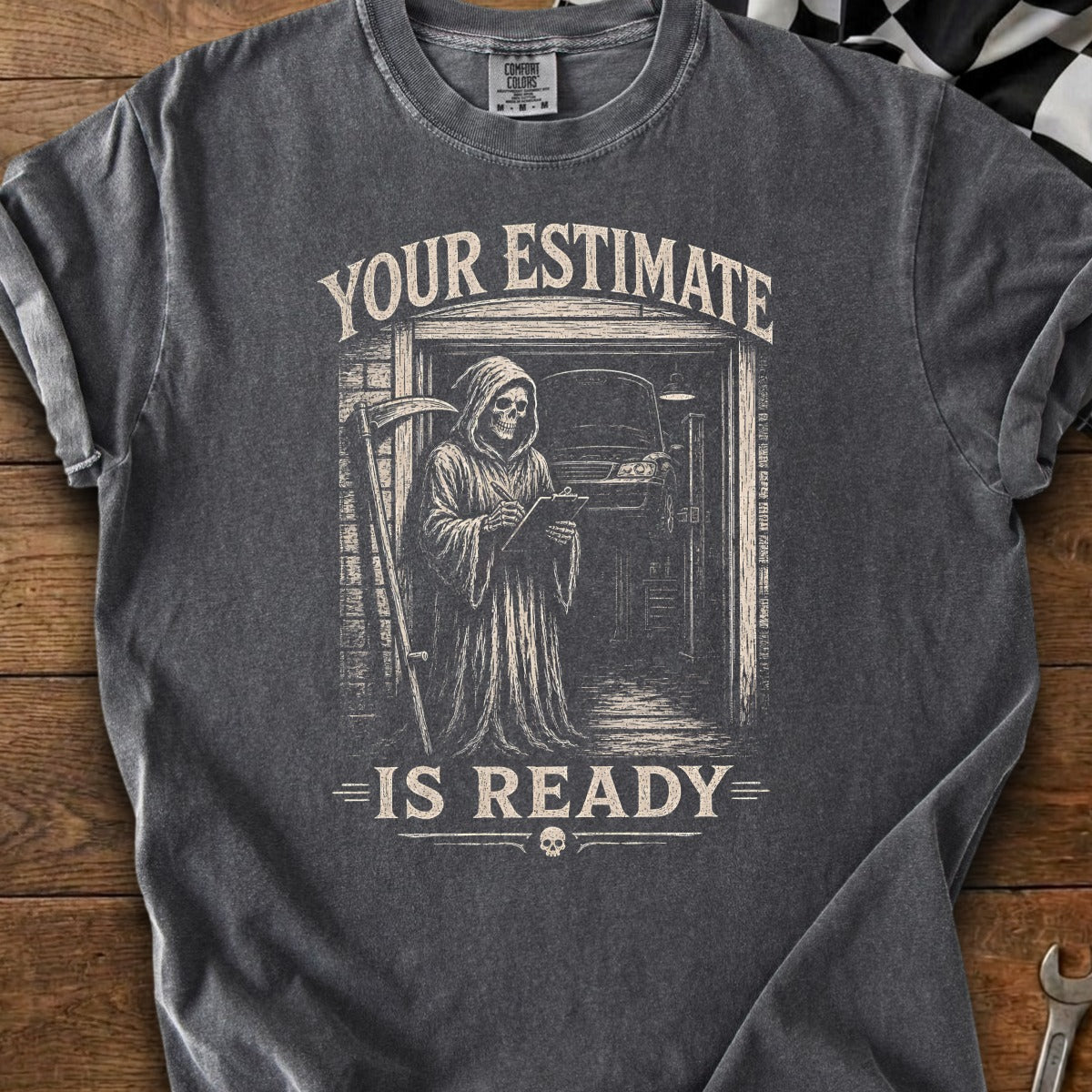 Grim reaper in garage taking estimate, with text "YOUR ESTIMATE IS READY".