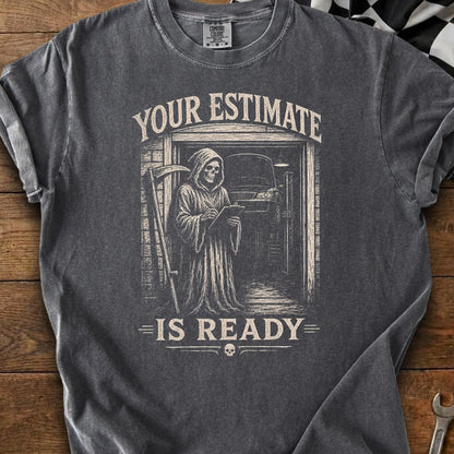 Grim reaper in garage taking estimate, with text "YOUR ESTIMATE IS READY".