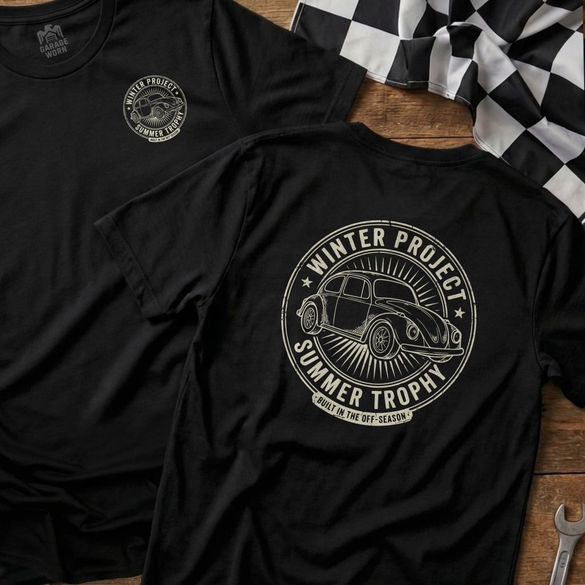 Black t-shirt with "Winter Project Summer Trophy" graphic featuring a beetle car.