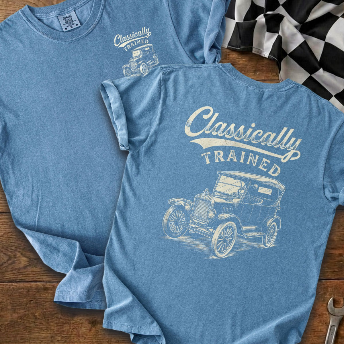 Blue t-shirt with "Classically TRAINED" text and vintage car graphic