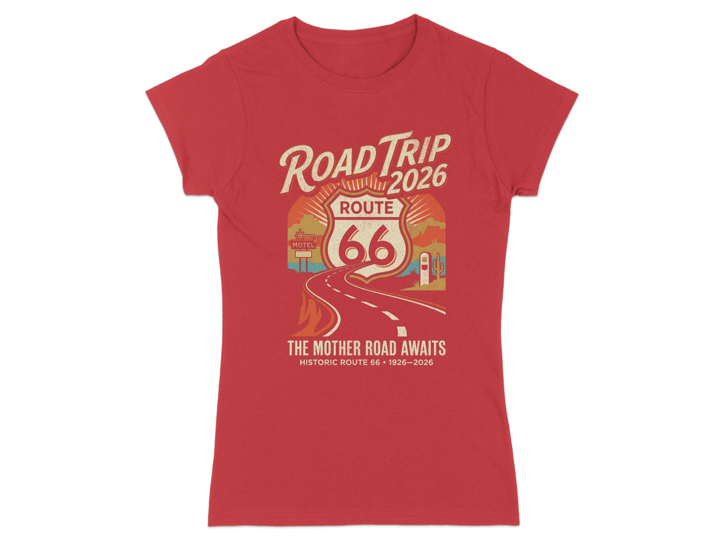Route 66 "The Mother Road Awaits" graphic t-shirt in red.