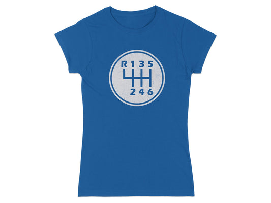 Blue t-shirt with a white 6-speed manual transmission shifter graphic.