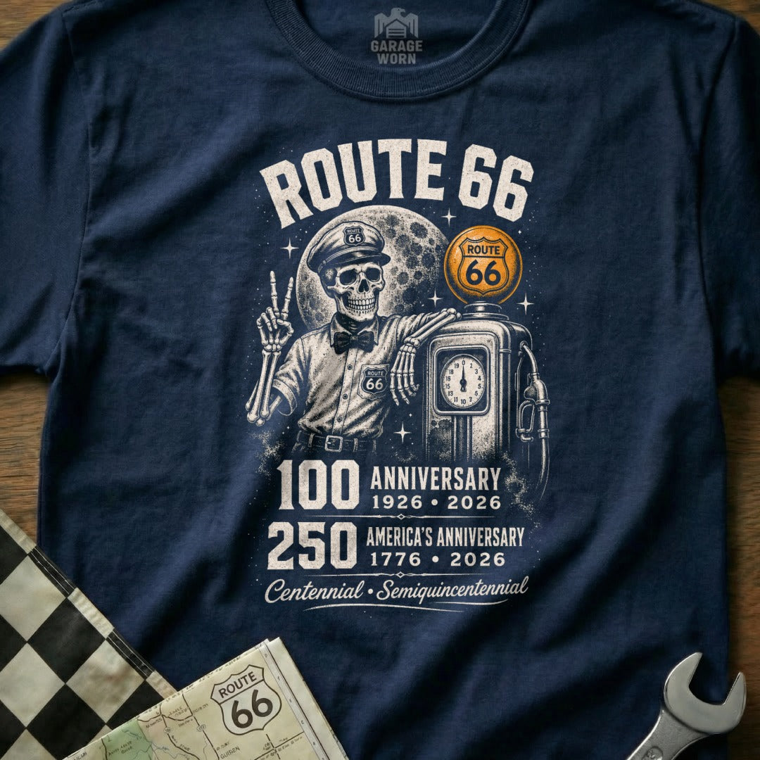 Route 66 100th and America's 250th anniversary design with skeleton and gas pump.