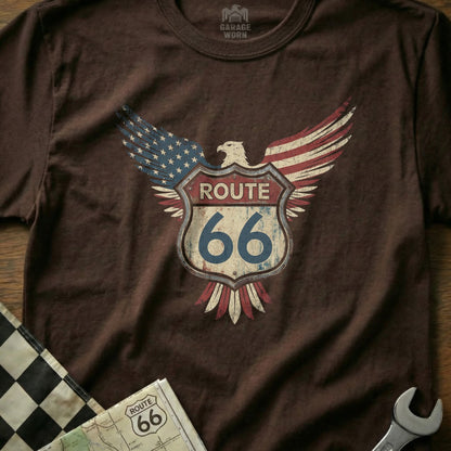 Brown t-shirt with Route 66 eagle logo, distressed American flag wings.