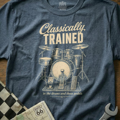 T-shirt with "Classically Trained" text and drum set illustration.