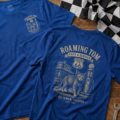 T-shirt with Roaming Tom Cafe graphic featuring a cat at a Route 66 gas station.