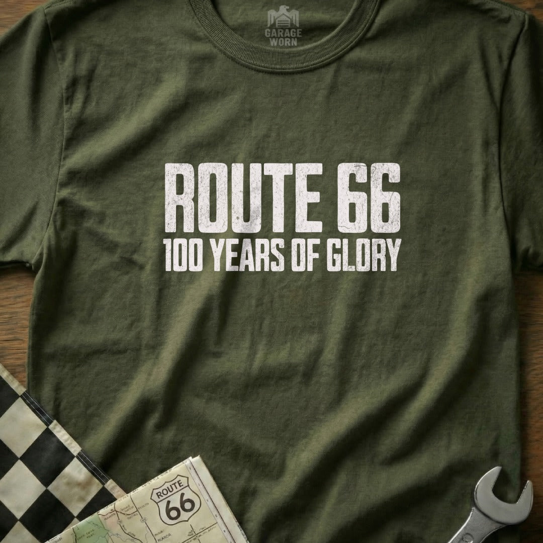 Olive green t-shirt with white "Route 66 100 Years of Glory" text.