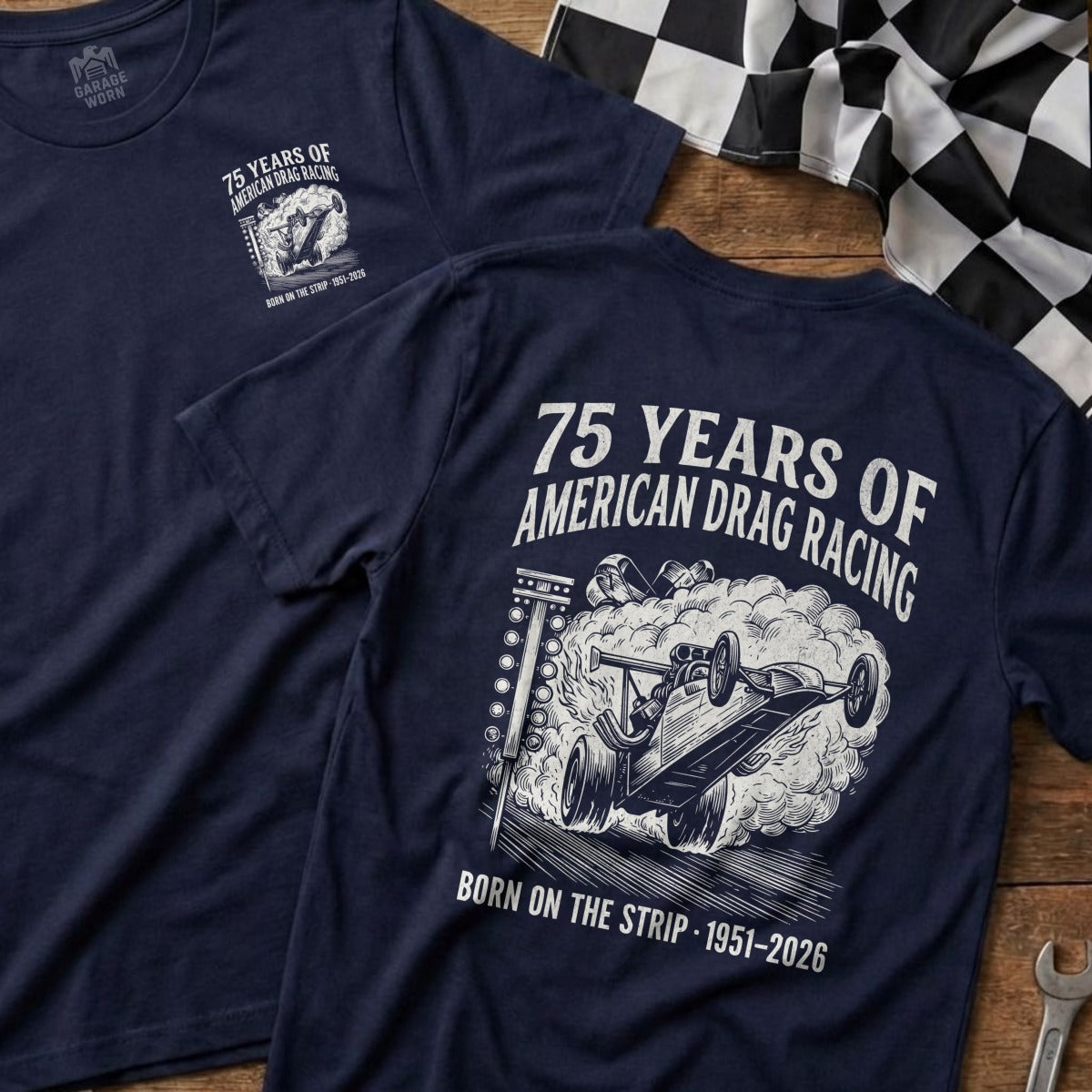 Navy t-shirt with 75 Years of American Drag Racing graphic.