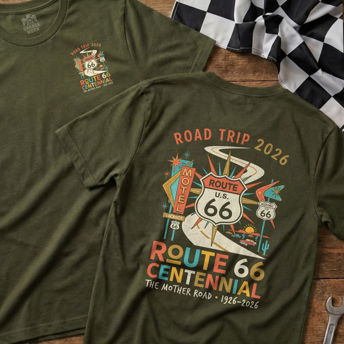 Green t-shirt with "Route 66 Centennial" text and vintage graphics.