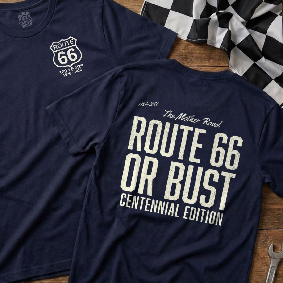 Navy t-shirts with Route 66 centennial edition graphics.