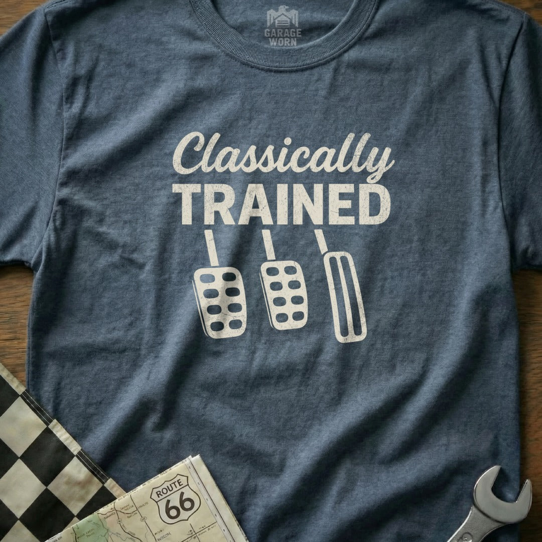 T-shirt with "Classically Trained" text and three pedal icons.