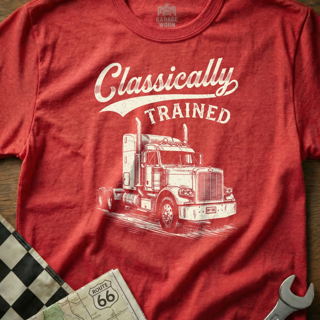 Red t-shirt with "Classically TRAINED" and a white graphic of a semi-truck.