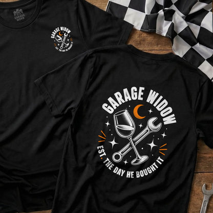 Black t-shirt with "Garage Widow Est. the day he bought it" text and graphic.