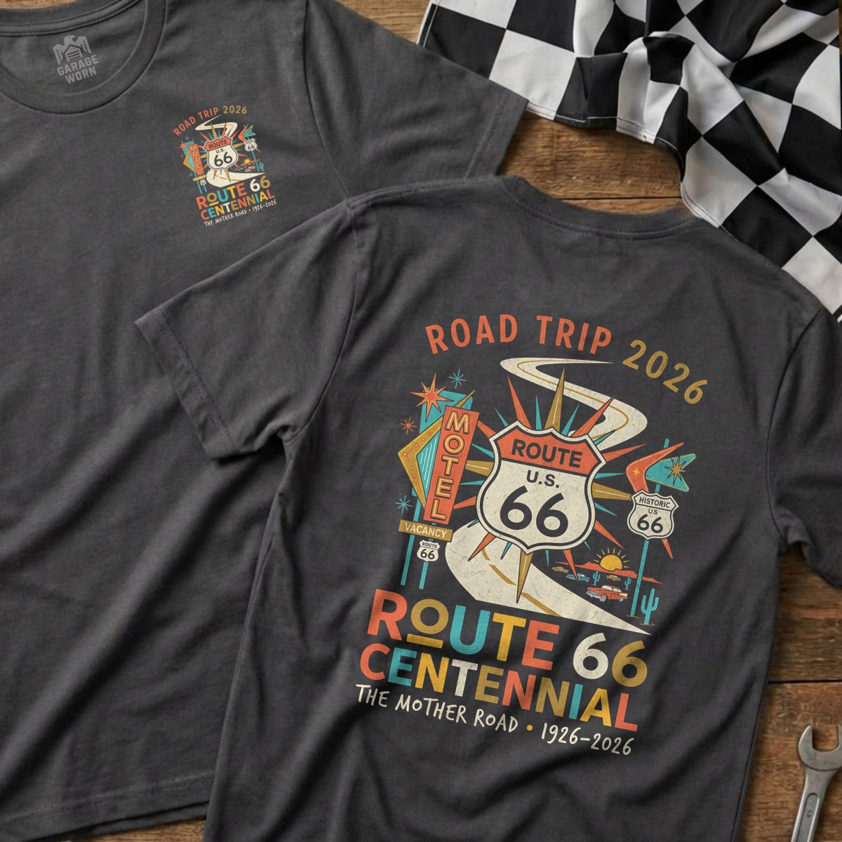 T-shirt with Route 66 Centennial graphic, featuring road signs and motel.