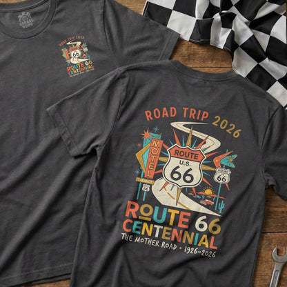 T-shirt with Route 66 Centennial graphic, featuring road signs and motel.
