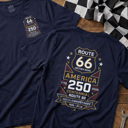 Navy t-shirts with Route 66 Centennial 100th Anniversary graphic.