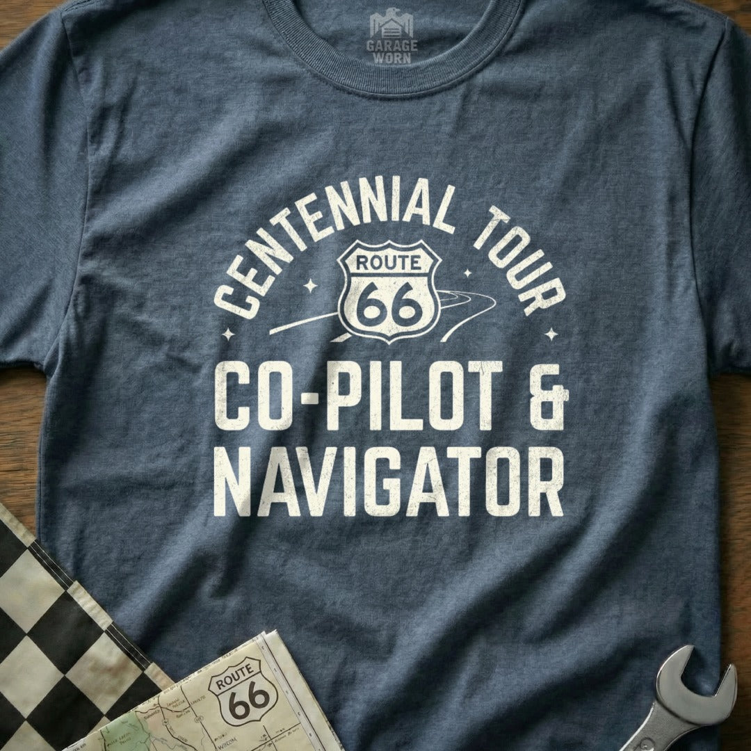 Navy t-shirt with "Centennial Tour Route 66 Co-Pilot & Navigator" text.