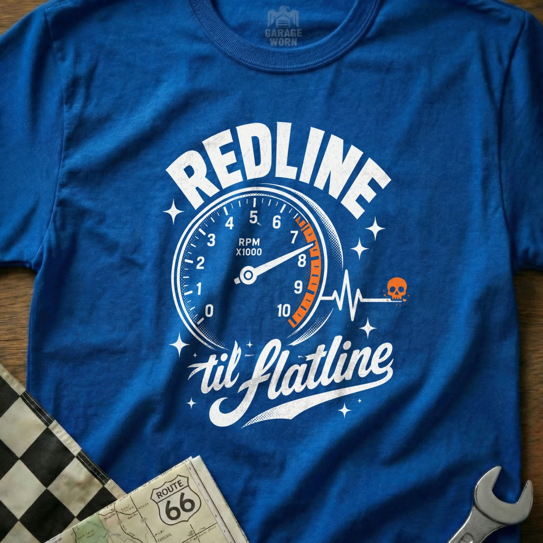 Blue t-shirt with "REDLINE til flatline" text, a speedometer graphic, and a skull.