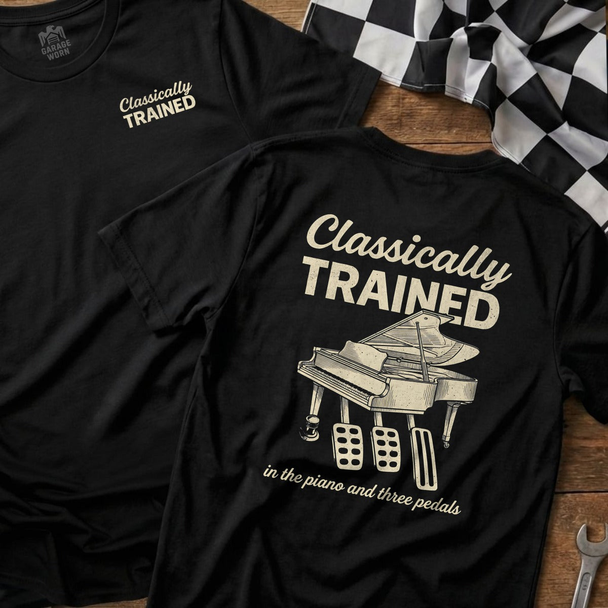 Black t-shirt with "Classically Trained" and piano with three pedals graphic.
