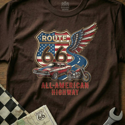 Route 66 "All-American Highway" graphic on a brown t-shirt featuring a car and motorcycle.