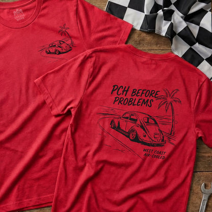 Red t-shirt with vintage car and palm trees graphic, text "PCH BEFORE PROBLEMS WEST COAST AIR-COOLED".