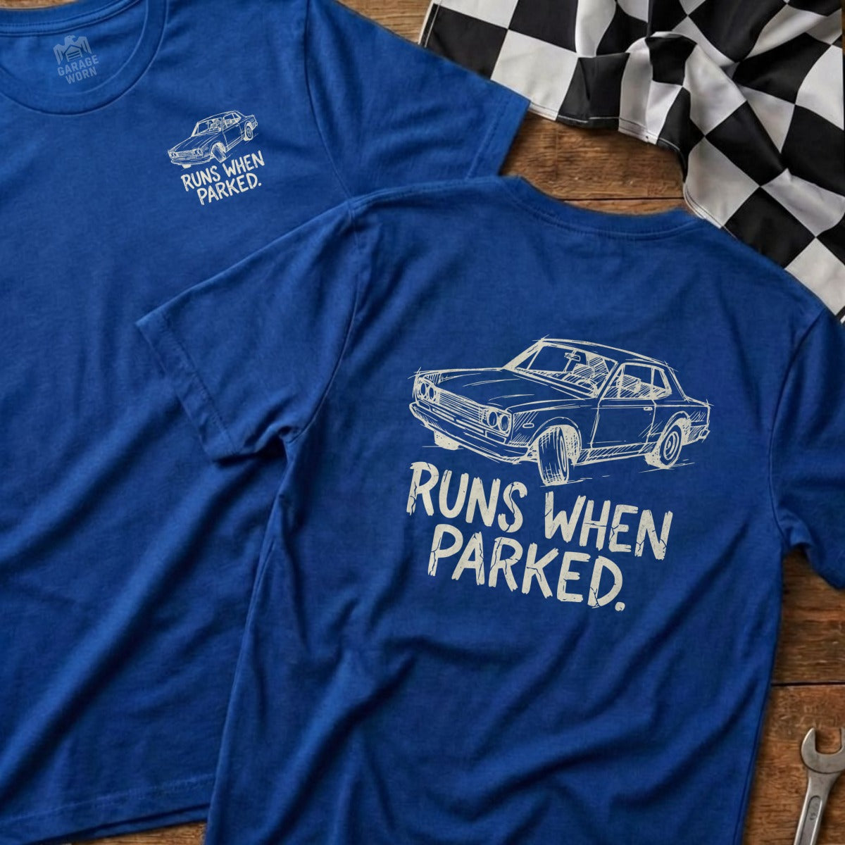 Blue t-shirts with "Runs When Parked" graphic and car illustration.