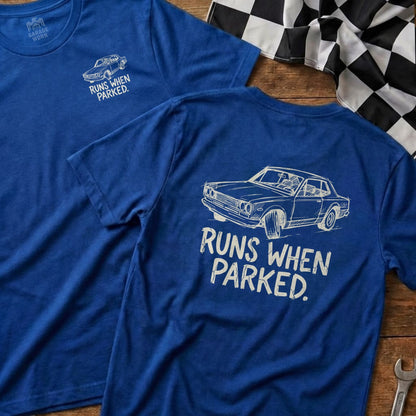 Blue t-shirts with "Runs When Parked" graphic and car illustration.