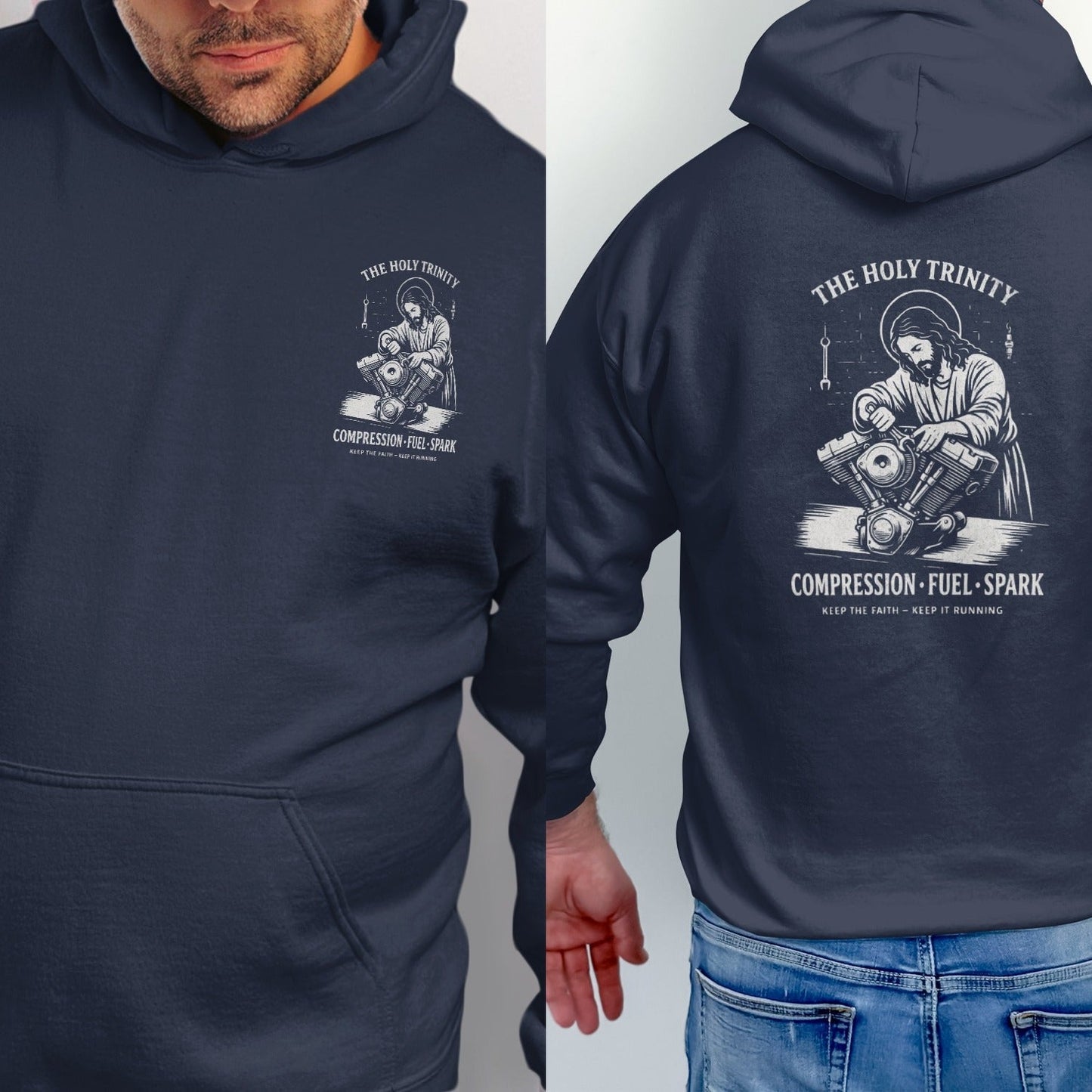 Navy hoodie with "The Holy Trinity" and Jesus working on a motorcycle image.