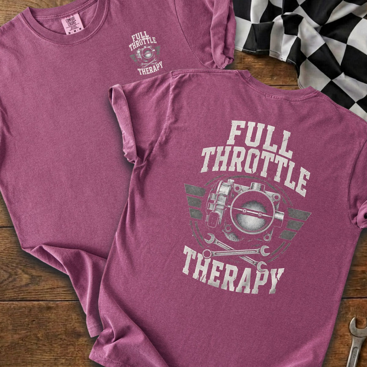 Maroon t-shirt with "Full Throttle Therapy" text and throttle body graphic.